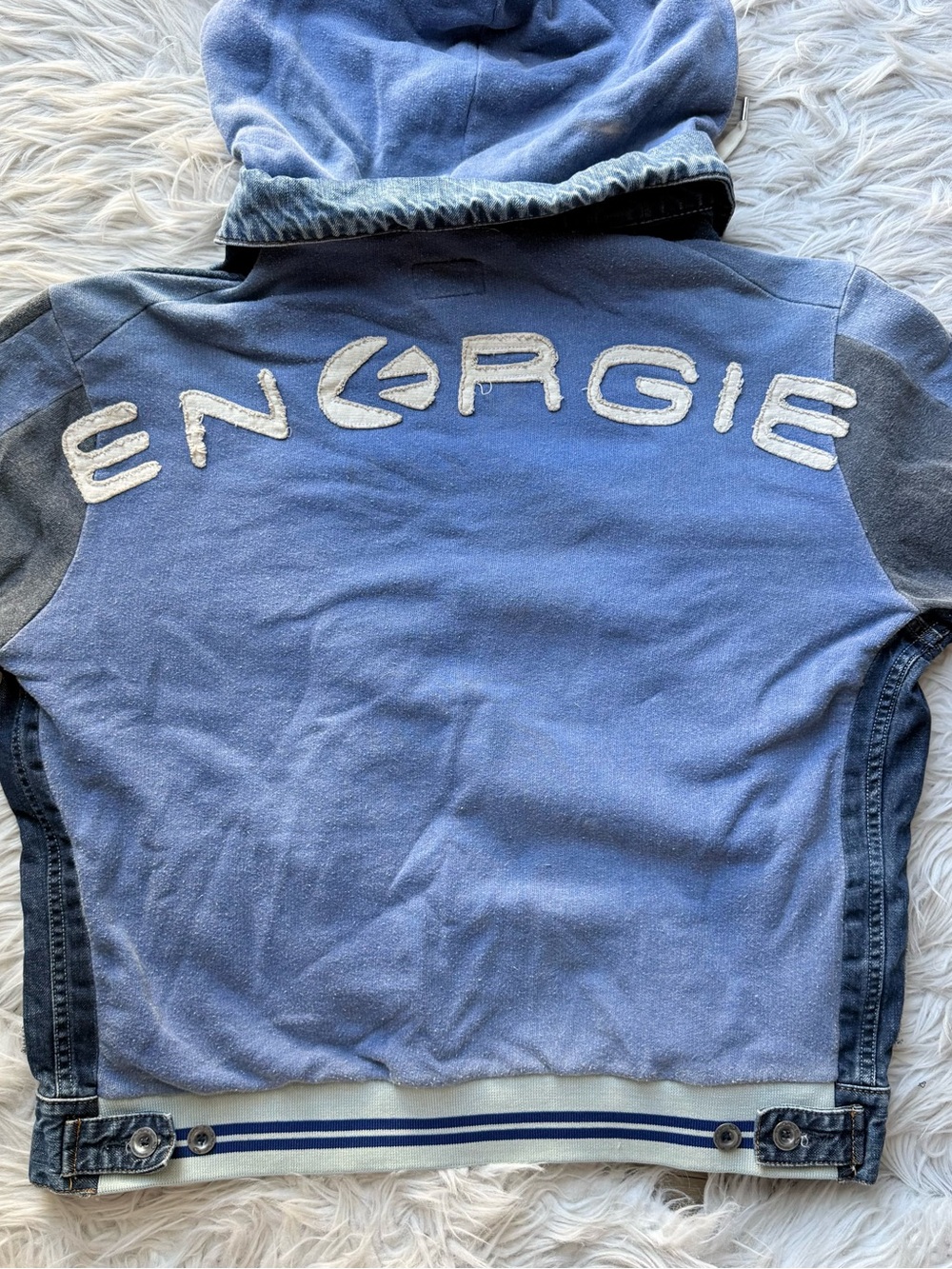 Vintage Y2K Energie Denim Hoodie Jacket XL Made in Italy Patch Moto 2000s